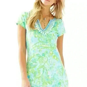 Lilly Pulitzer Womens Harper Any Fins Possible Pom Pom Accent Shift Dress XXS